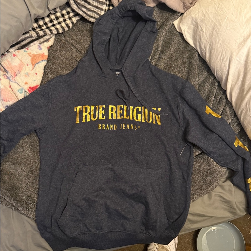 True Religion Blue Hoodie with Gold Accents